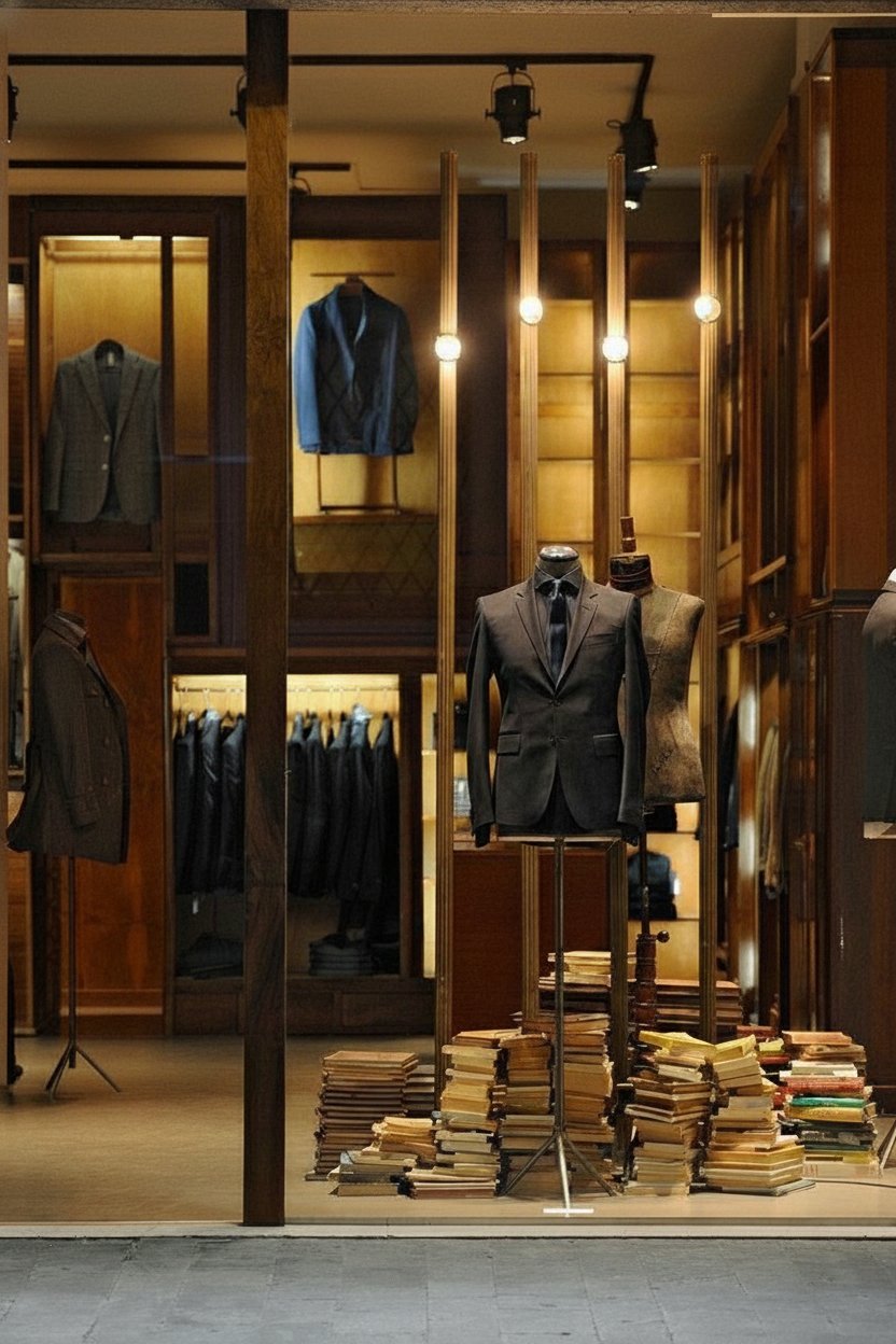Un'atmosfera raffinata che accoglie la collezione uomo, dove l'eleganza sartoriale incontra un tocco di cultura.