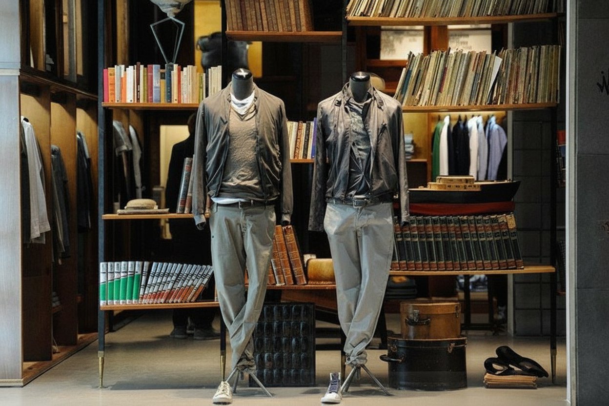 L'arte di vestire si fonde con l'atmosfera di una biblioteca privata, un inno allo stile maschile raffinato.
