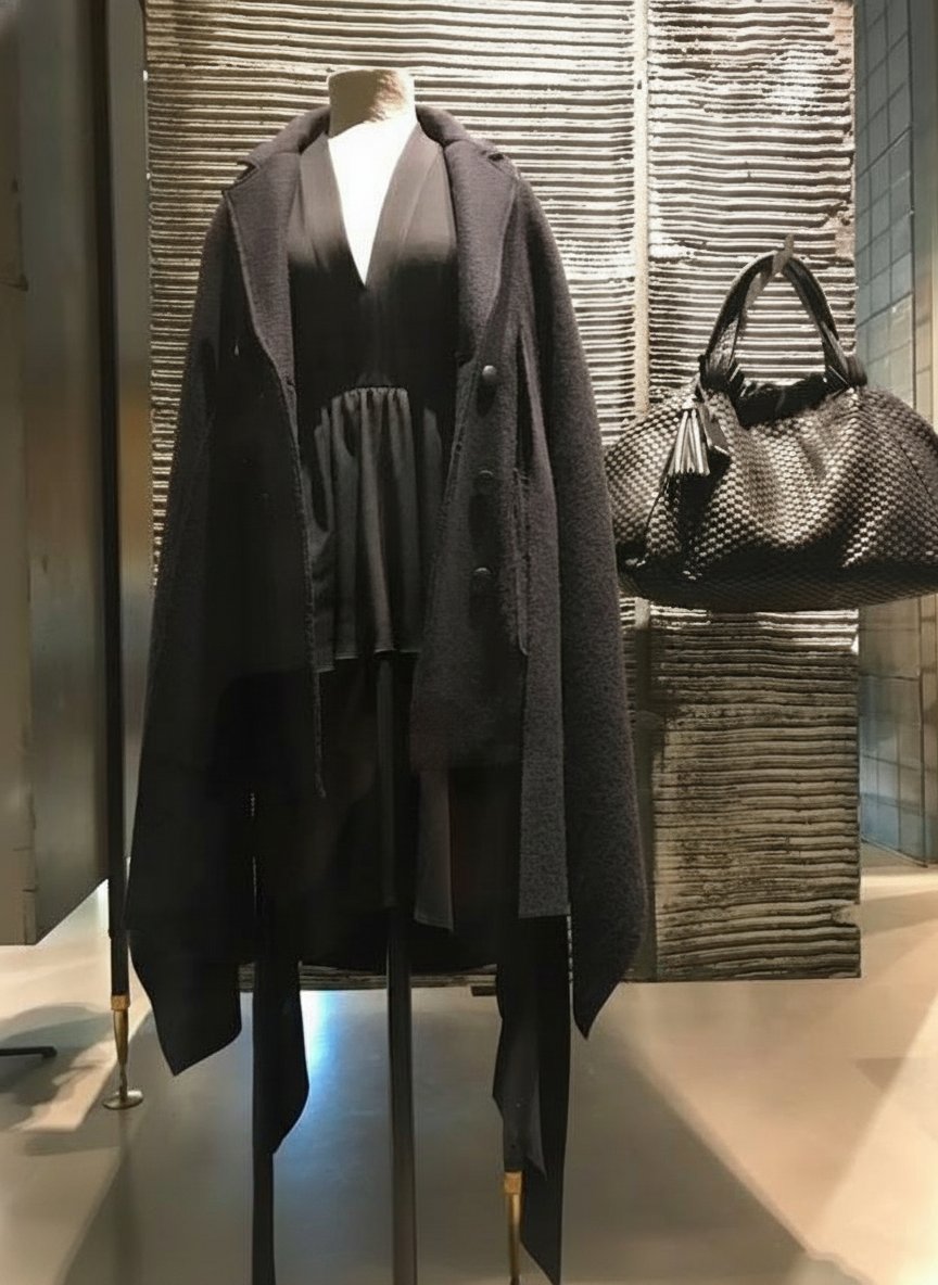L'eleganza del nero si rivela in un gioco di volumi e texture, espressione di uno stile sofisticato e senza tempo.