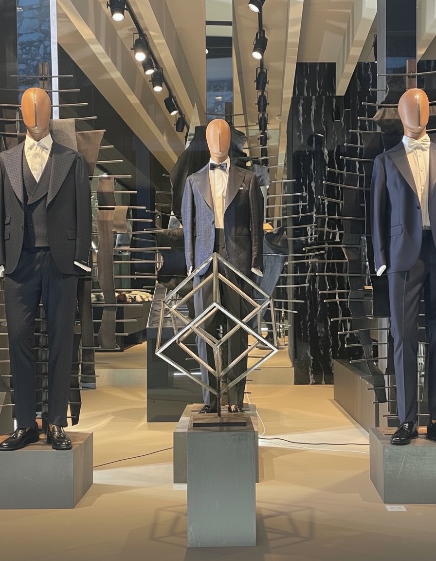 Eleganza sartoriale e design contemporaneo si fondono in una vetrina che celebra l'eccellenza maschile.