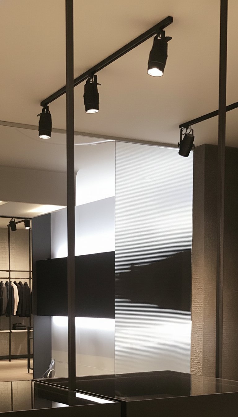Un gioco di luci e geometrie che definisce gli spazi della boutique.