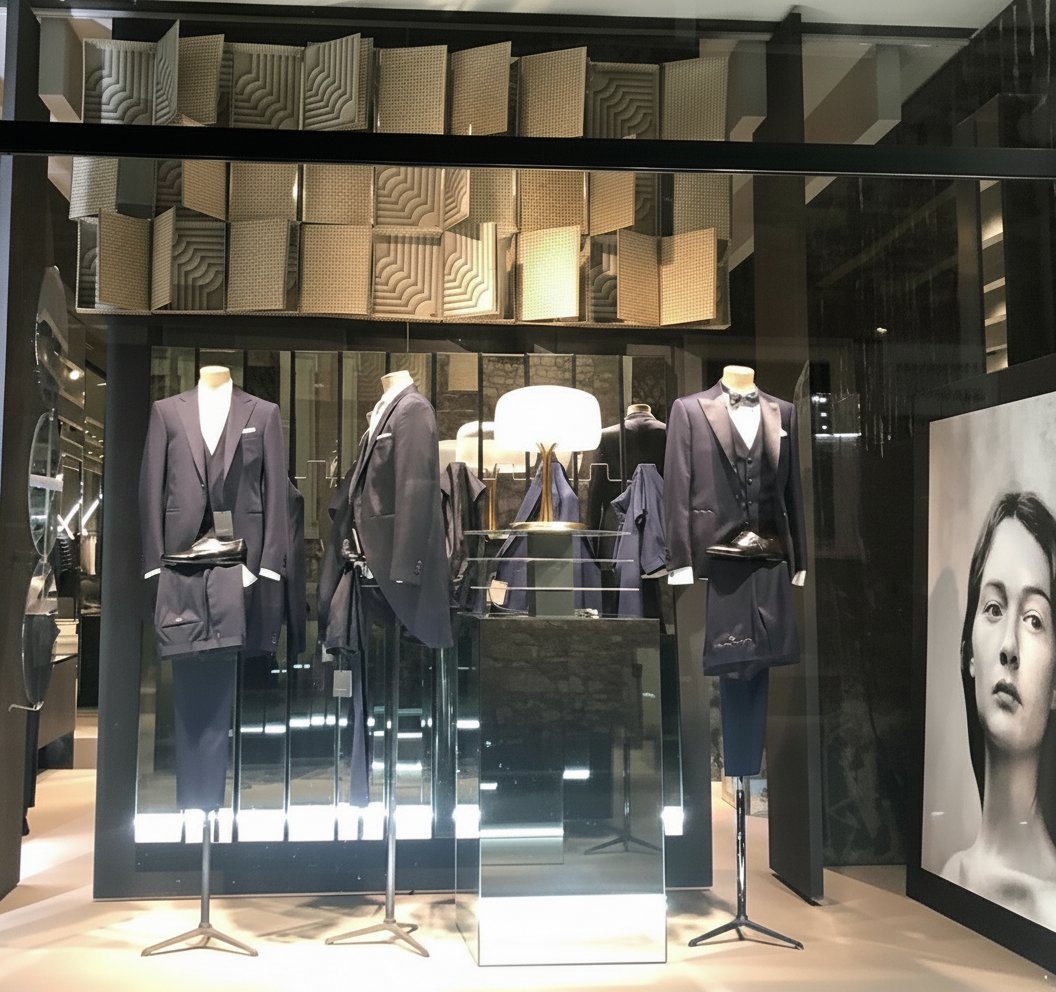 Eleganza sartoriale e design contemporaneo si fondono nell'esclusiva vetrina della boutique, un invito a scoprire l'arte del vestire.
